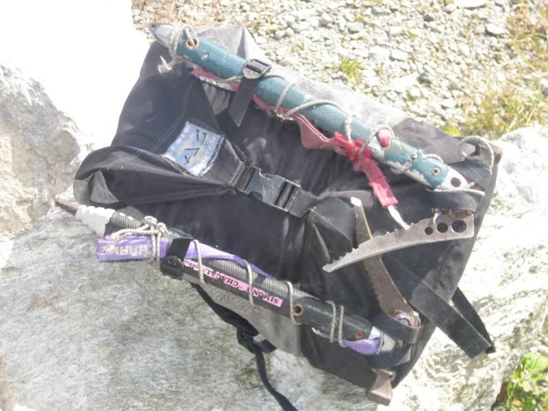 Hiking pack complete with rope, helmet, clampons and 2 ice hammers