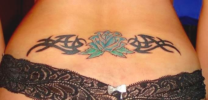 Sexy Girl With Lower Back Rose Tribal Tattoo