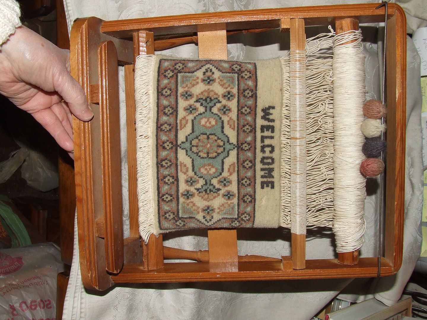 Vintage 1950s Hand Made Oriental Rug Sample on Stand Frame Loom