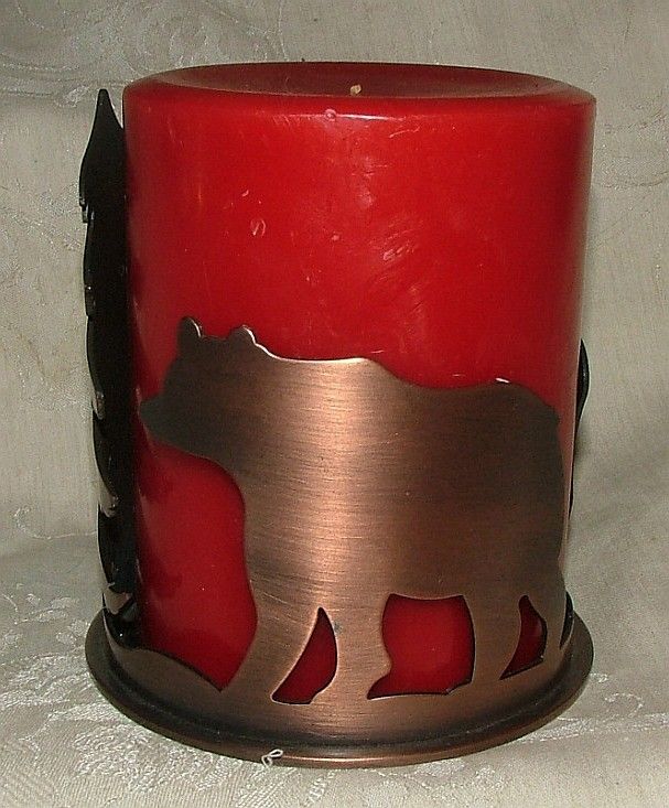 White Barn Die Cut BRASS Candle Holder MOOSE Bear Tree w/ Candle Un