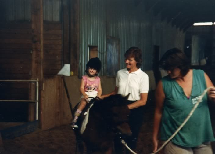 me, 3 y.o. on a pony w/my trainer & a volunteer