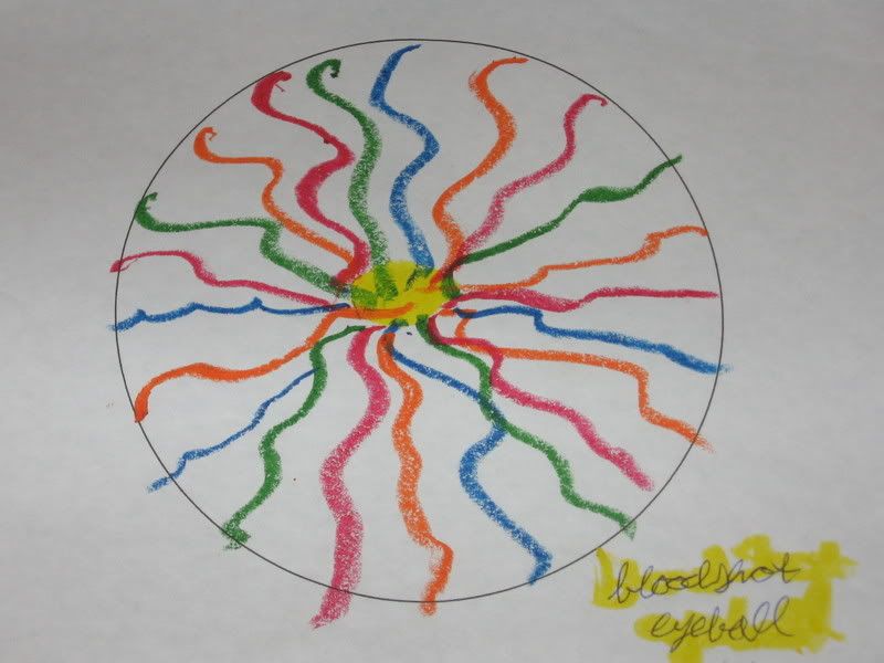 circle with yellow circle in the middle with multicolored squiggly lines coming off of it