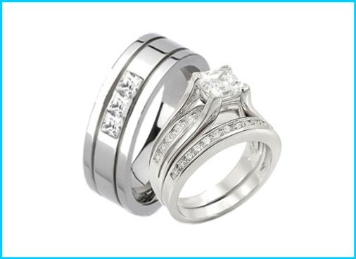 His Hers TITANIUM STERLING SILVER Wedding Matching Band Ring Set CZ 