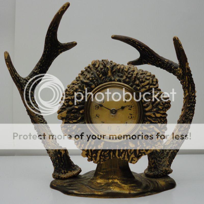 1920   1930 Lux Horn Antler Stag Clock Brass Base Waterbury  